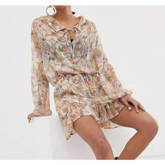 For Love and Lemons Mauritza Dress Sheer Floral Print Bell Sleeve Mini NWT Large - Picture 1 of 9